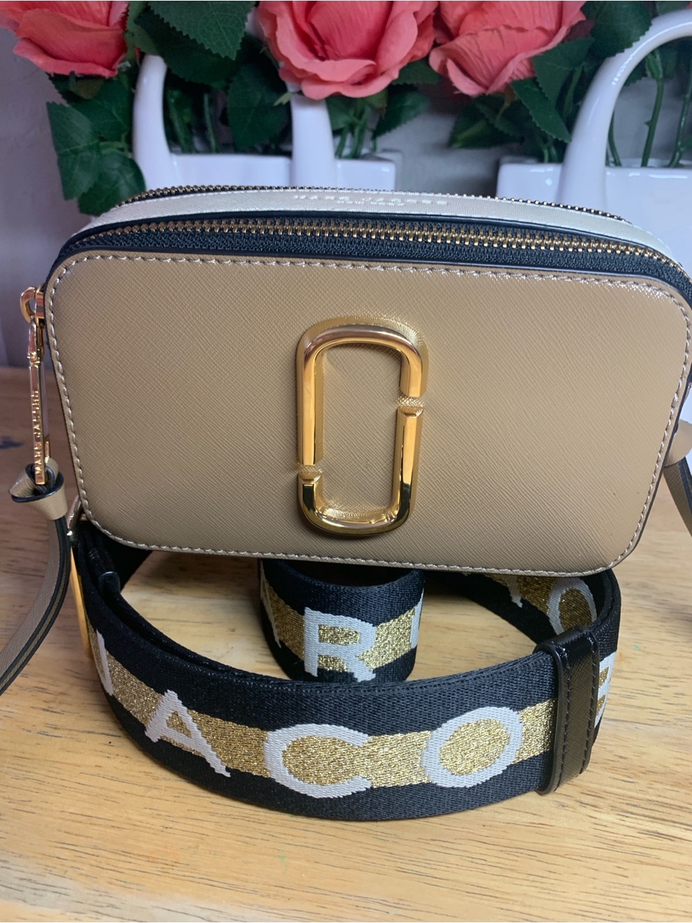 Marc Jacobs Tan Camera Crossbody with Gold Hardware and Black Strap